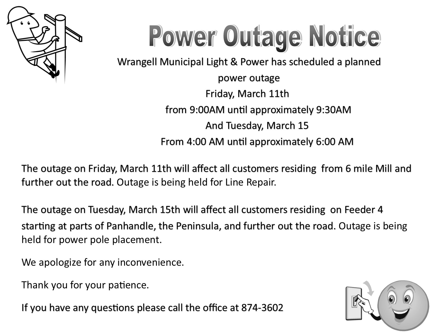 Power Outage Friday 3/11 and Tues 3/15 Wrangell Alaska