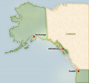 Location of Wrangell compared to Anchorage and Seattle