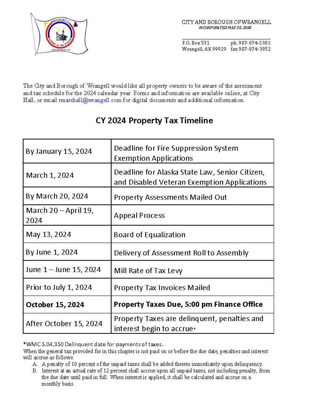 2024 Property Tax Timeline Wrangell Alaska