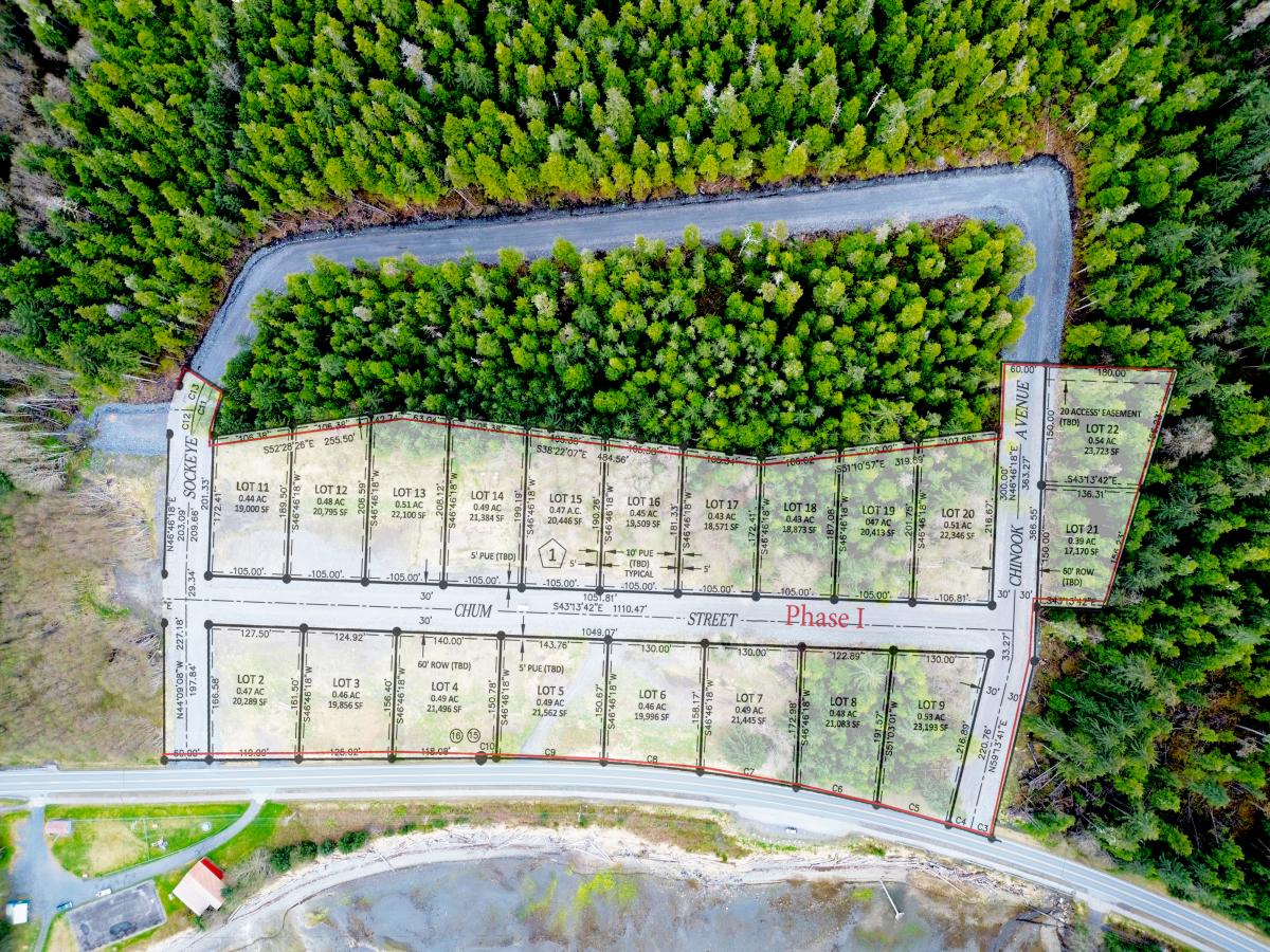 Aerial view of subdivision with an overlay of property boundaries.