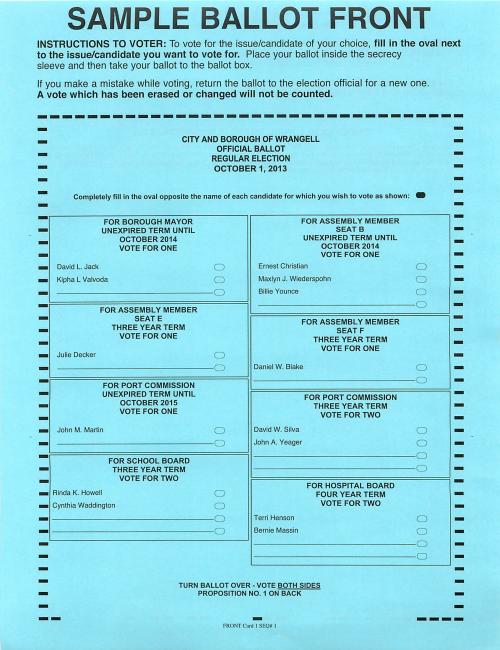 Sample Ballot October 1, 2013 Regular Election Wrangell Alaska