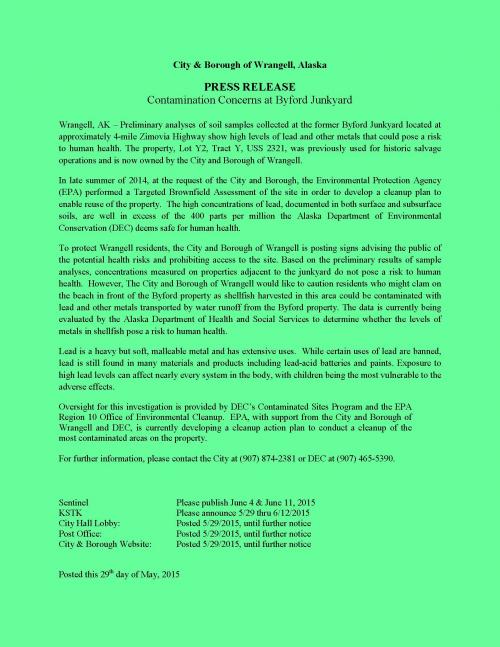 PRESS RELEASE re contamination concerns on a property Wrangell Alaska