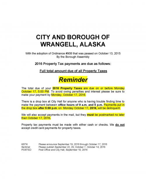 Property Taxes Due Monday Oct.17 Wrangell Alaska